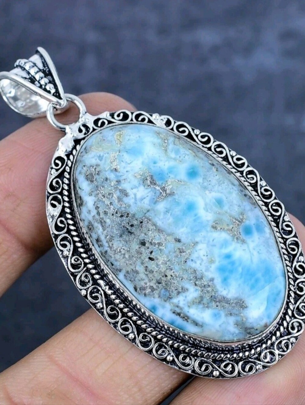 Dominican Sterling Silver Natural LARIMAR Large Oval Stone Pendant Necklace